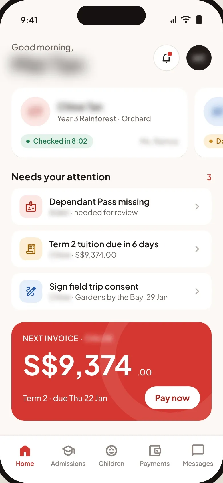 Parent Portal home with a card for each child, three tasks that need the family’s attention and the next tuition invoice of S$9,374 with a pay button