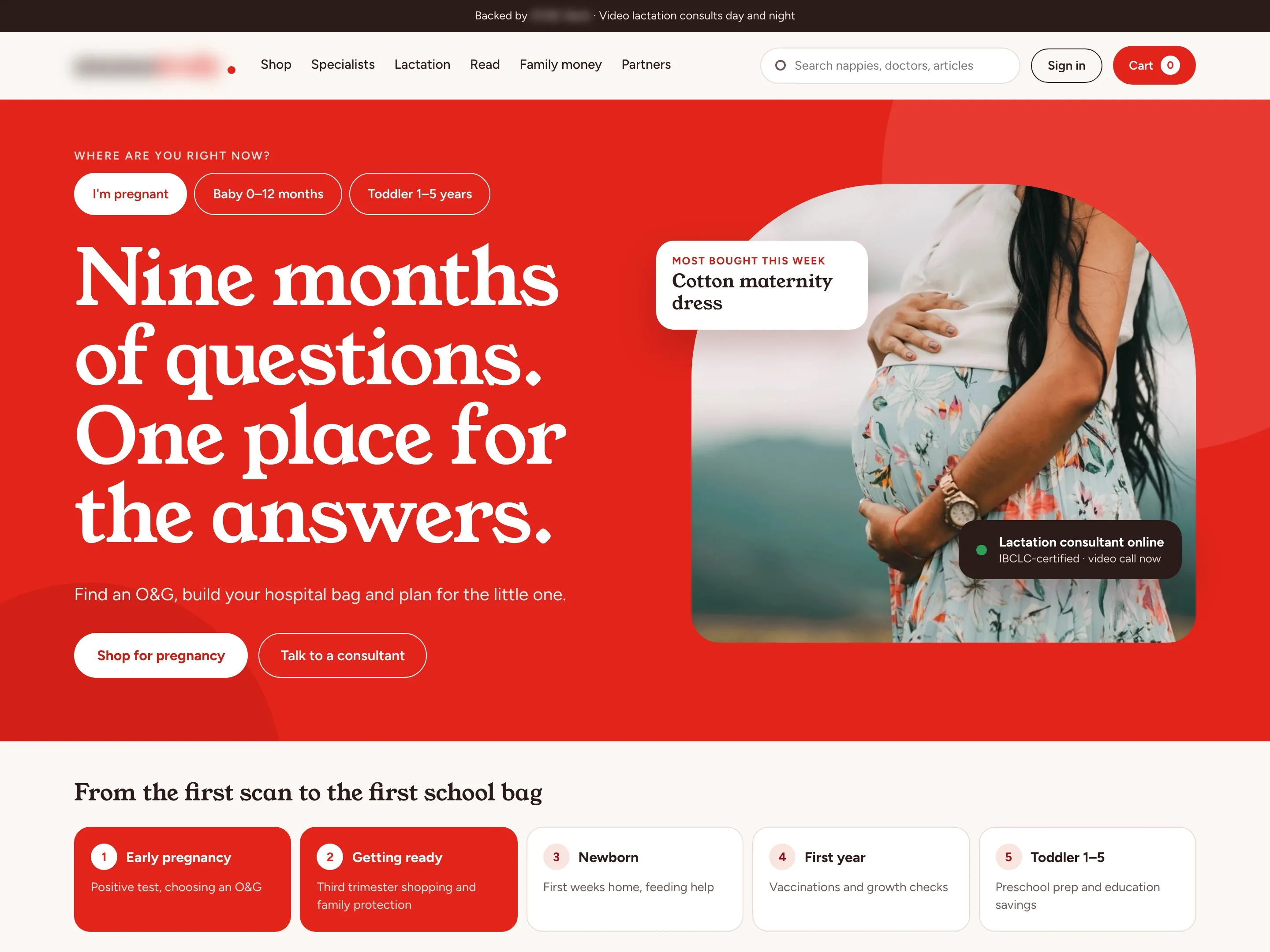 Home page banner for the pregnant stage with the stage picker, the headline Nine months of questions, one place for the answers, a pregnant woman in a floral skirt, the maternity dress bought most this week and a lactation consultant online