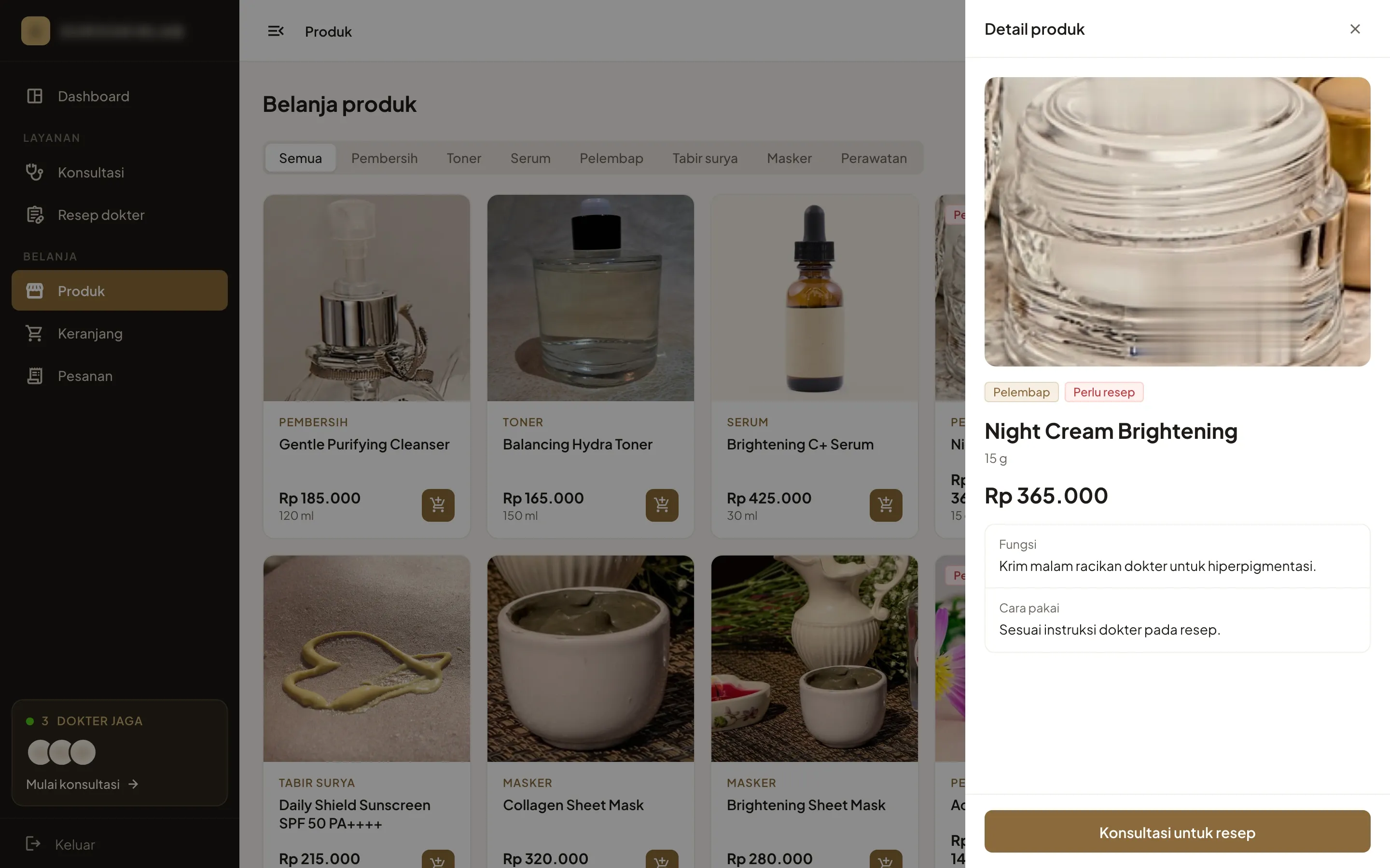 Patient web app shop with skincare products by category, and the detail drawer of a doctor-compounded night cream marked as needing a prescription, with a button to consult for one