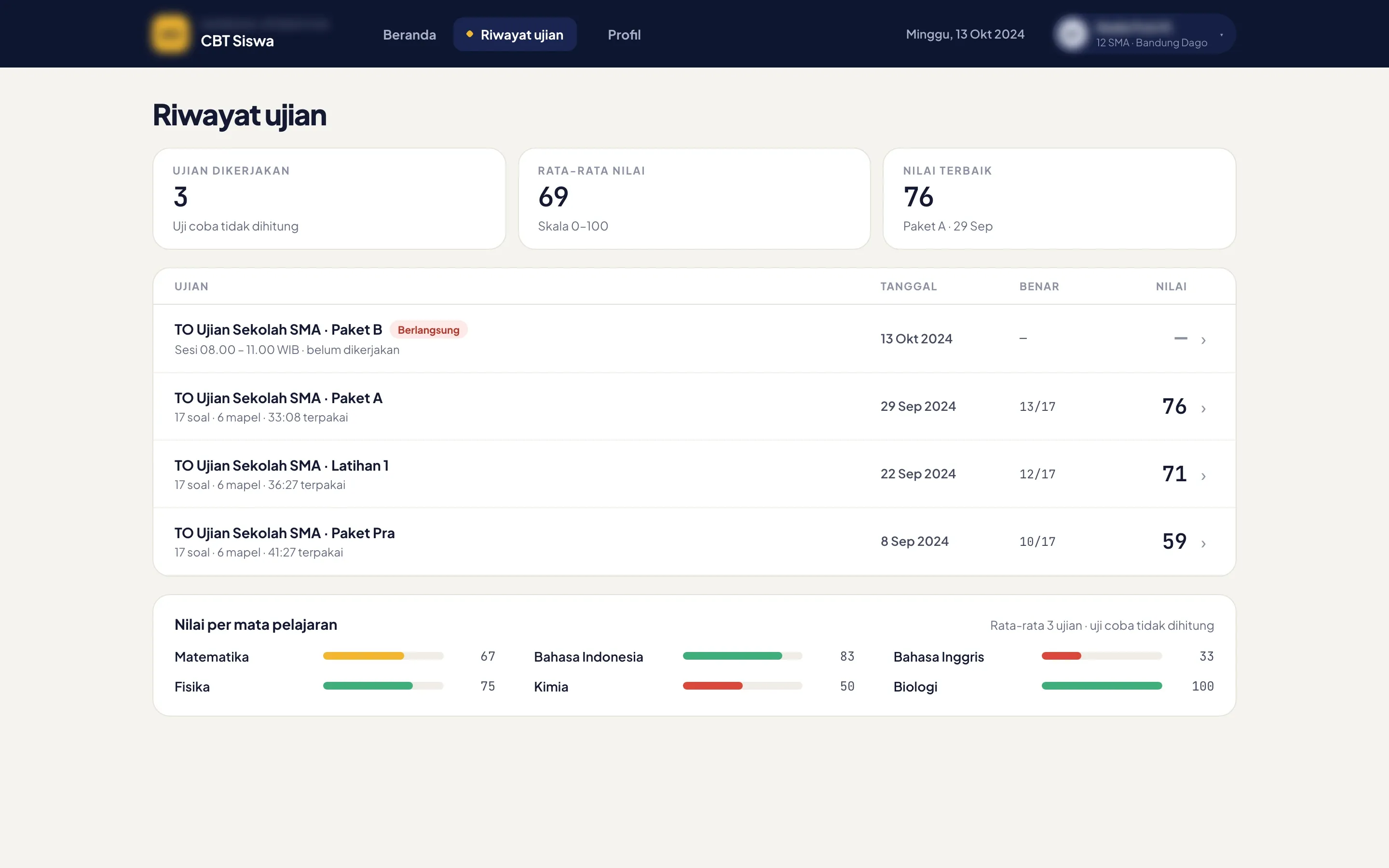 Student web app history with three exams taken, an average of 69 and a best of 76, the list of mock exams with dates and scores, and the score per subject