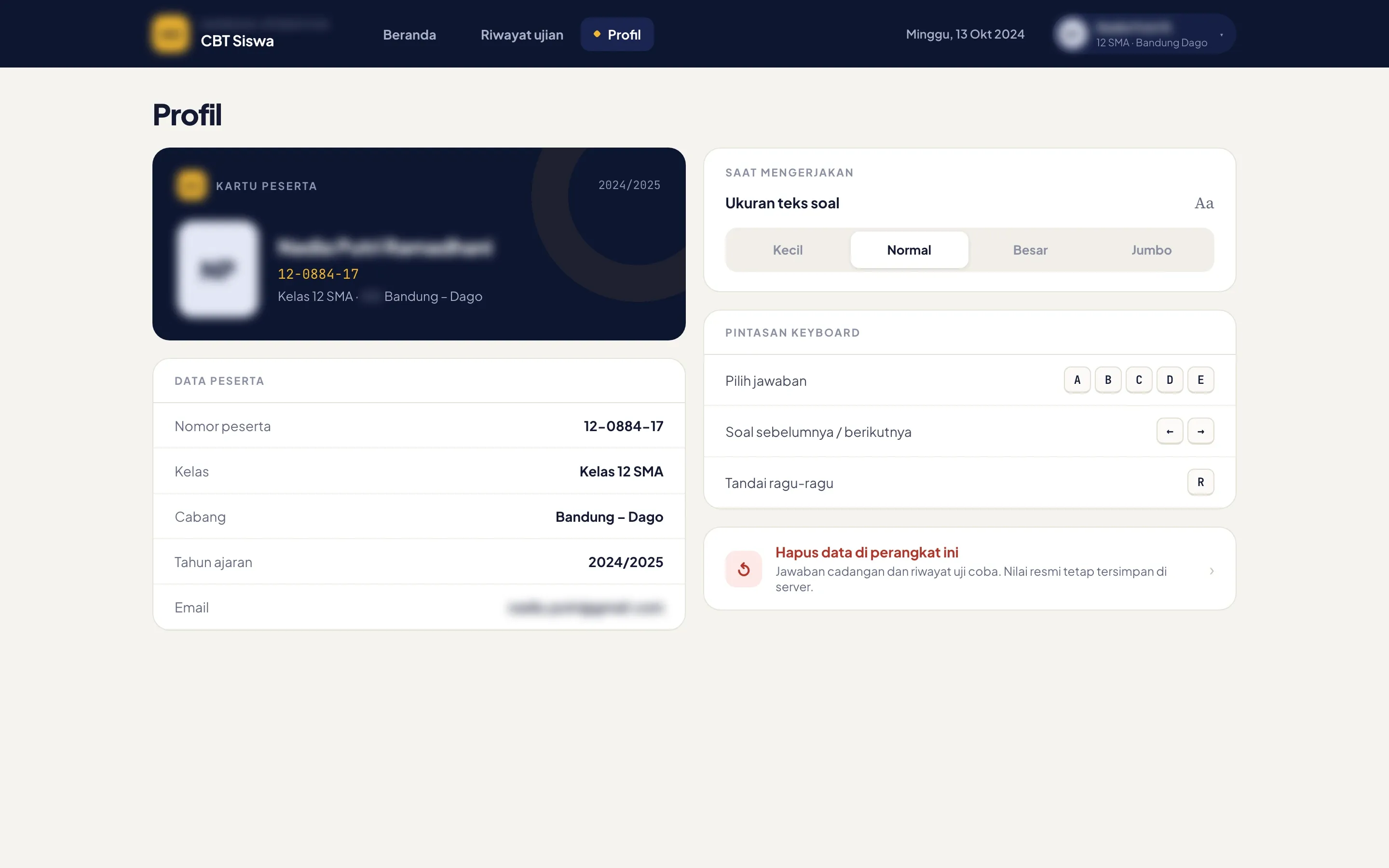 Student web app profile with the participant card, the student’s details, the text size for questions, keyboard shortcuts and a button to clear data on this device