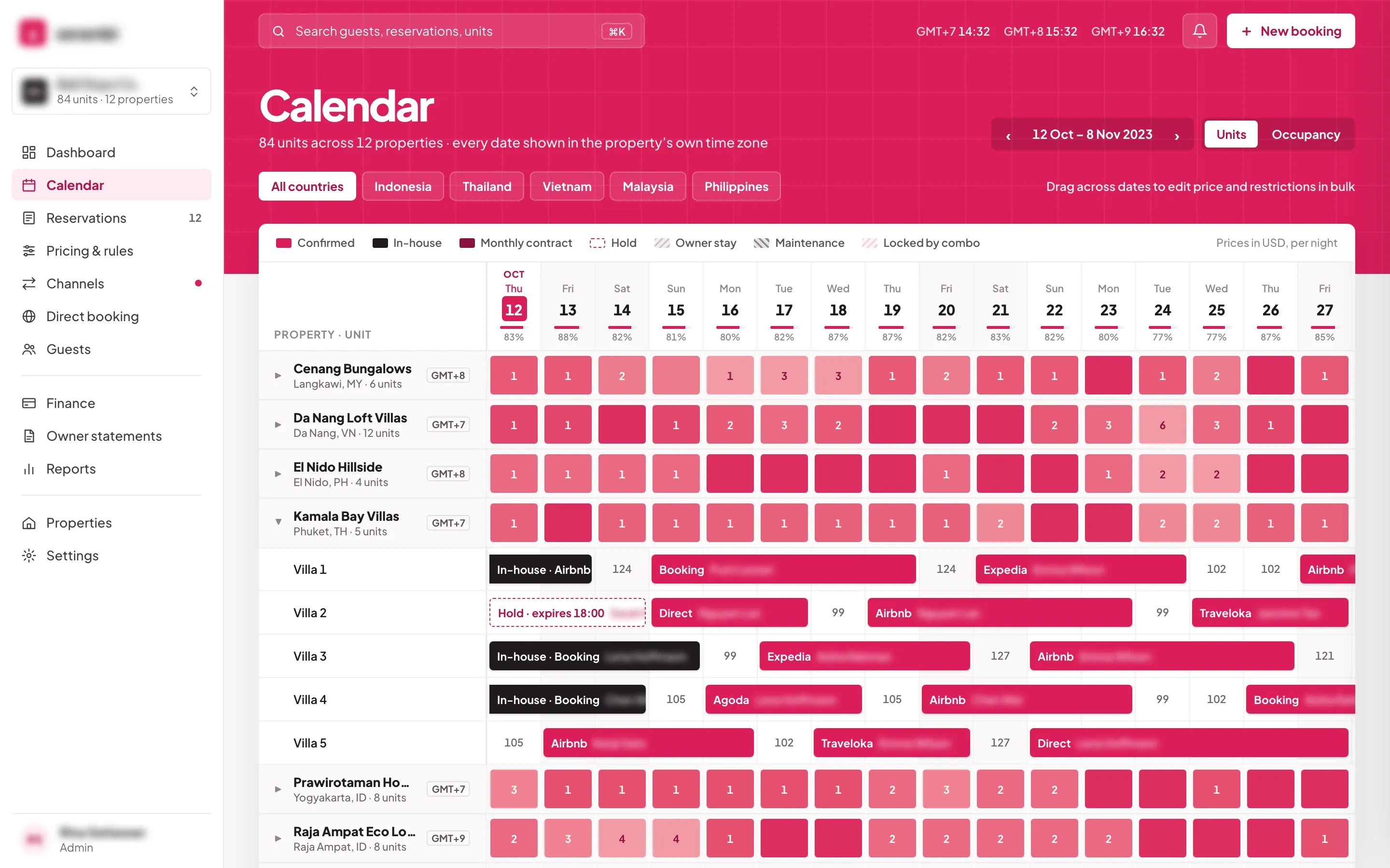Unit calendar with country filters, a villa property in Thailand open on its in-house guests, a hold and bookings from Airbnb, Booking.com, Expedia, Agoda and Traveloka, and the other properties tagged GMT+7, GMT+8 or GMT+9