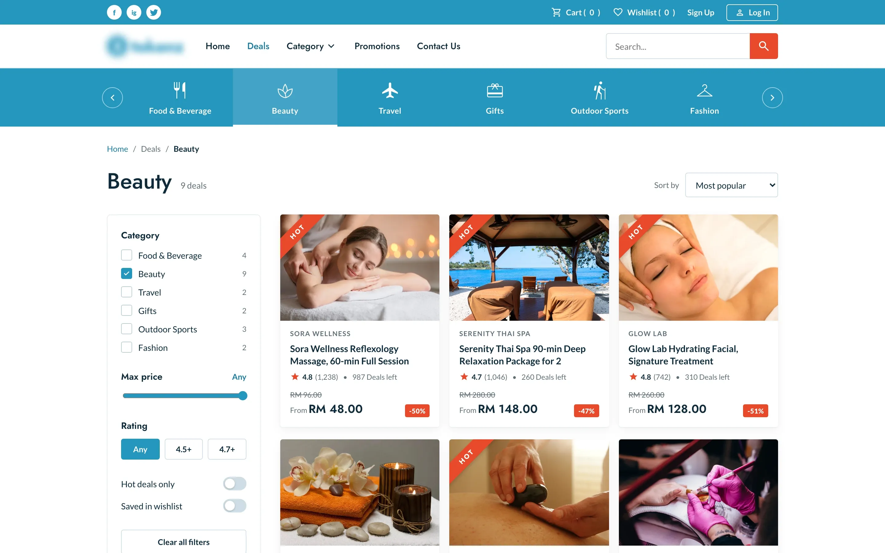 Beauty category with nine deals, the category bar, filters for category, price, rating, hot deals and wishlist, and a Thai spa package in the first row