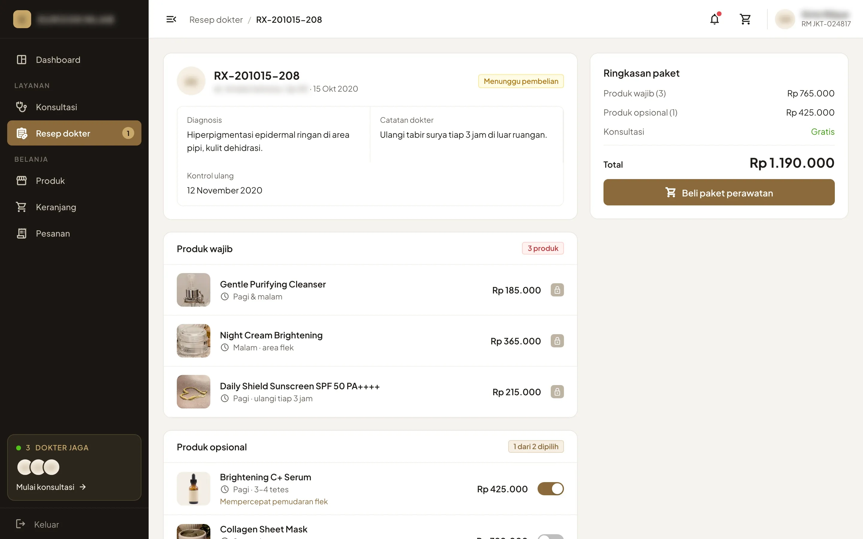Prescription in the patient web app awaiting purchase, with the diagnosis, the doctor’s note, the follow-up date, three locked mandatory products with when to use each, an optional serum switched on and a package total of Rp 1,190,000