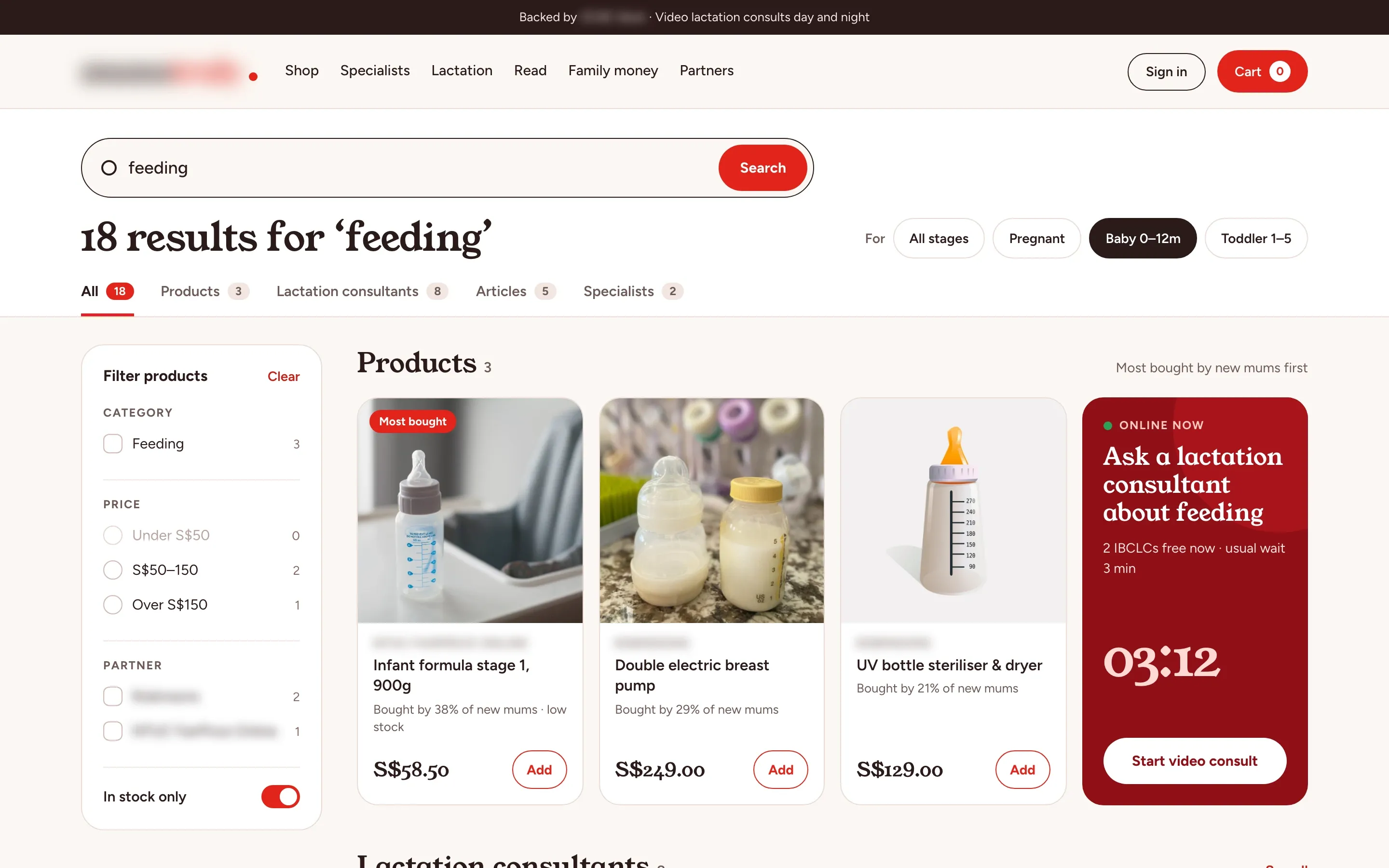 Search results for feeding filtered to babies 0–12 months, with tabs for products, lactation consultants, articles and specialists, three feeding products with the share of new mums who bought them, filters and a card to start a video consult