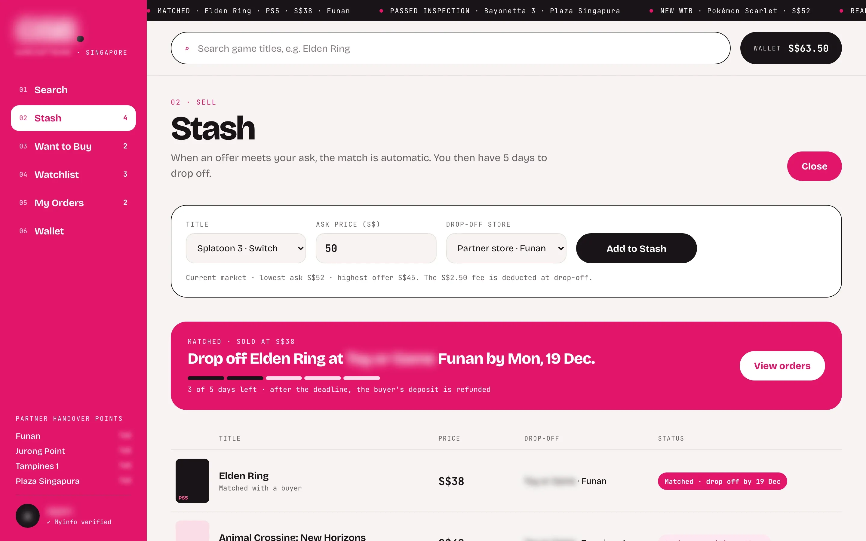 Stash page with a form to add a game with its ask price and drop-off store, a matched sale with its drop-off deadline, the games for sale and a live ticker above