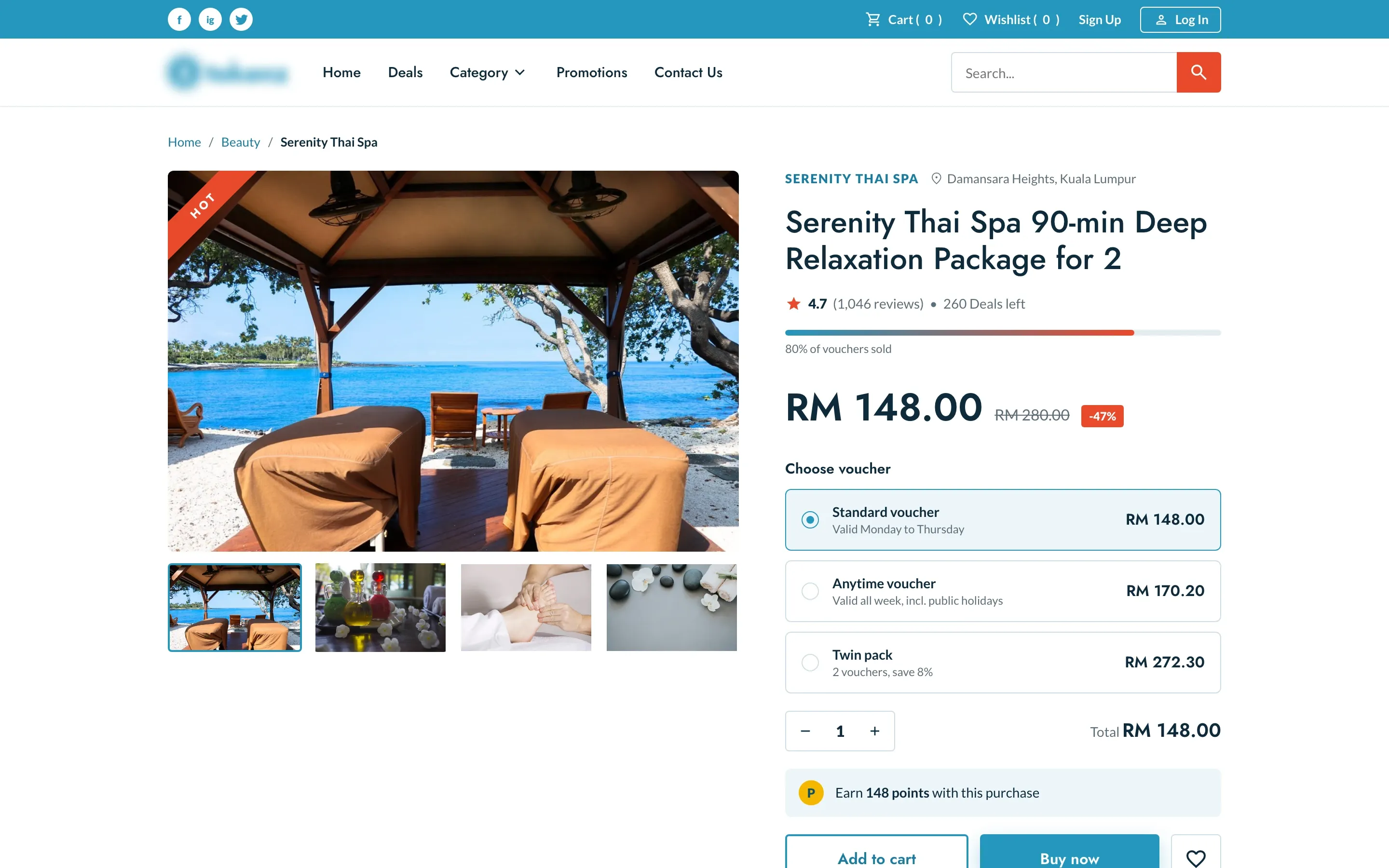 Deal page for a Thai spa package for two with the merchant’s area, four photos, 80% of vouchers sold, the price against the original, three voucher options and the points it earns