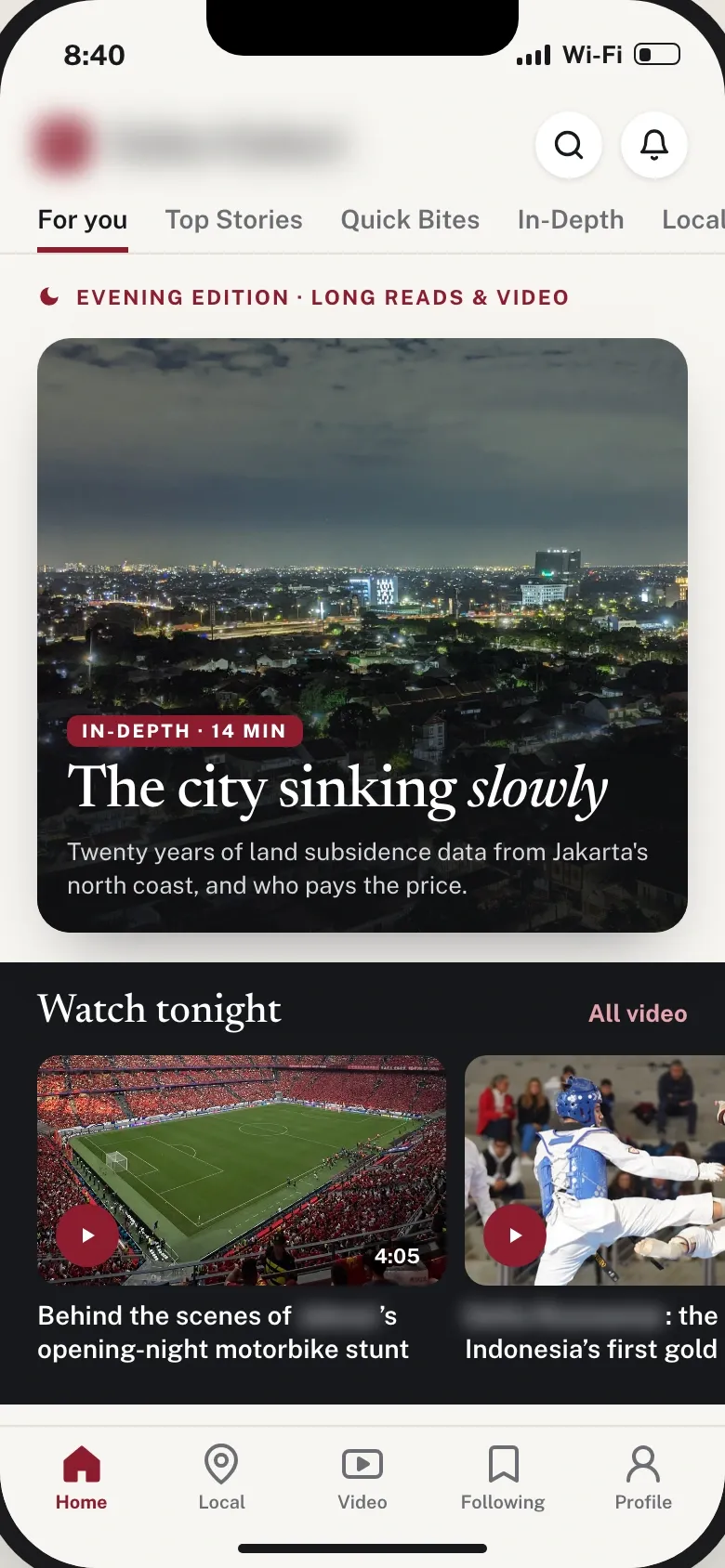 Evening home leading with a 14-minute In-Depth feature on land subsidence in Jakarta, followed by a row of videos to watch tonight