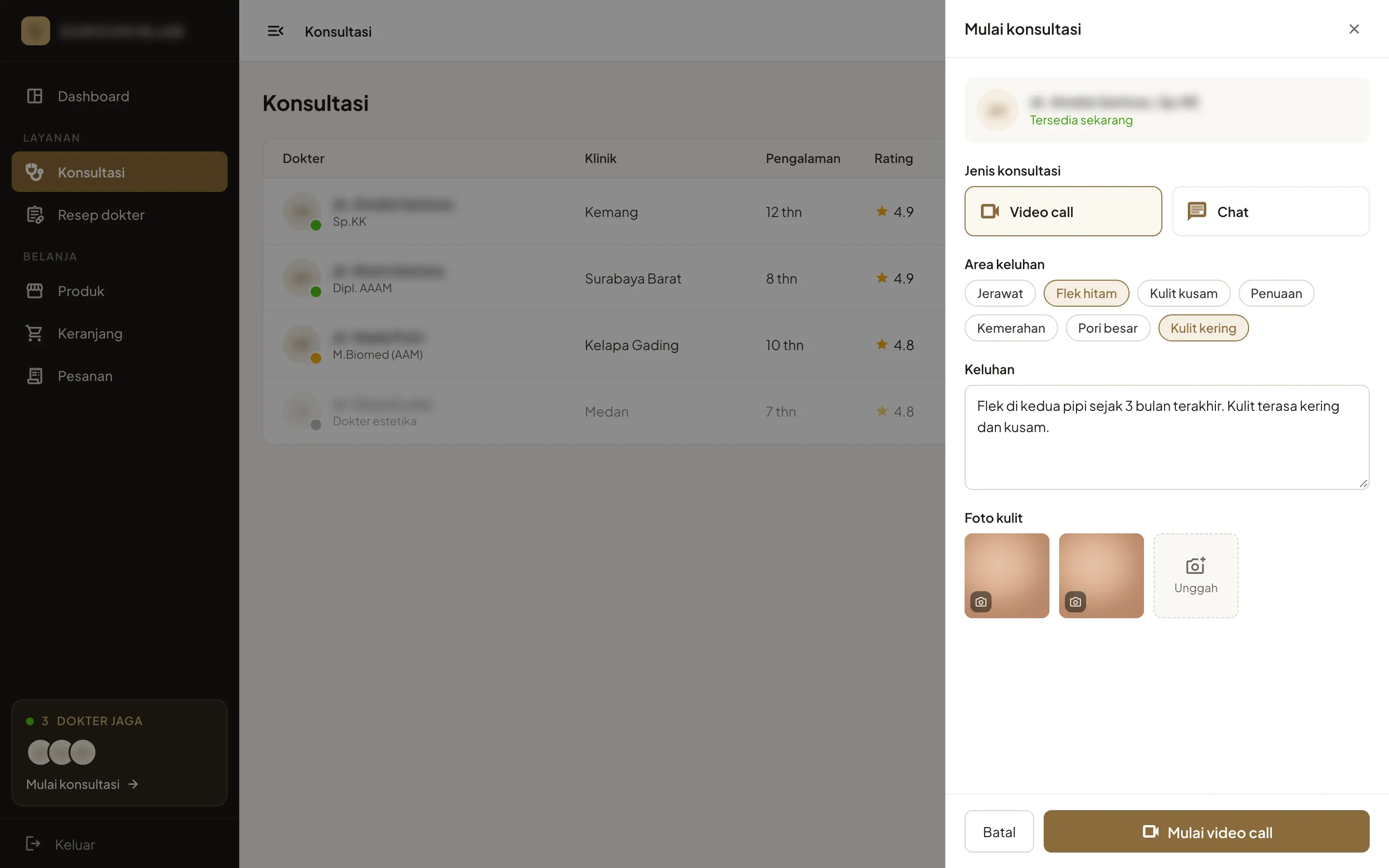 Consultation page in the patient web app with the doctors on duty behind the start drawer: video call chosen, dark spots and dry skin ticked, the complaint written out and two skin photos