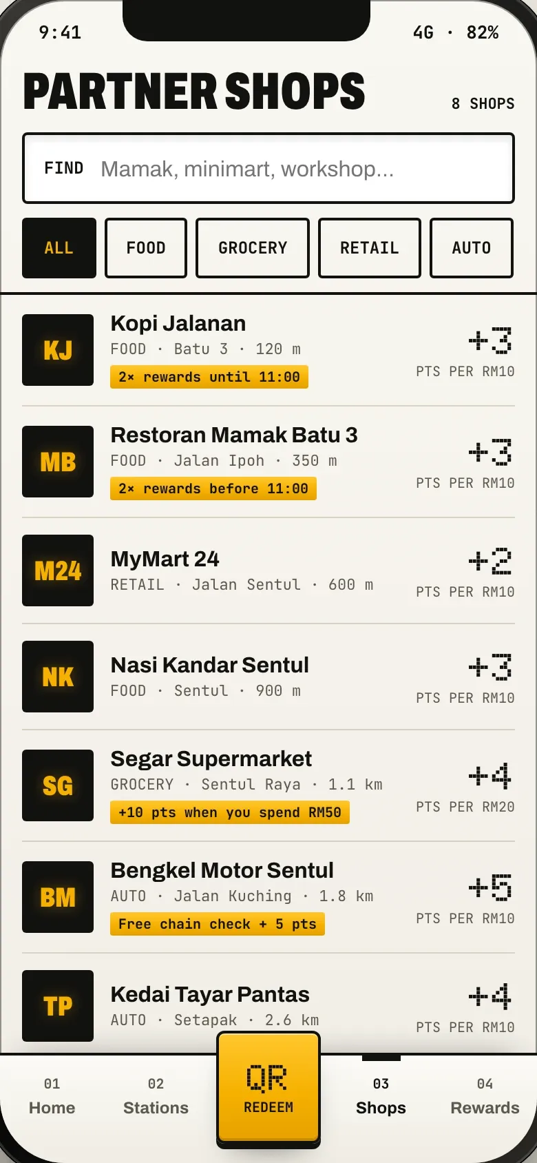 Partner shop directory with food, grocery, retail and auto categories, each shop with its points per RM10 and offers such as double rewards before 11:00