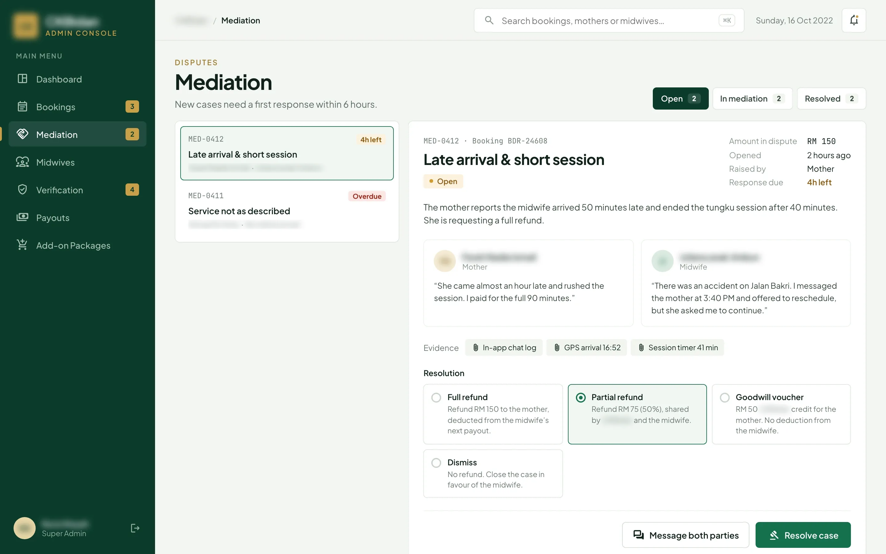 Admin console mediation case for a late arrival and short session, with both parties’ statements, evidence from the app and four resolution options with a partial refund selected