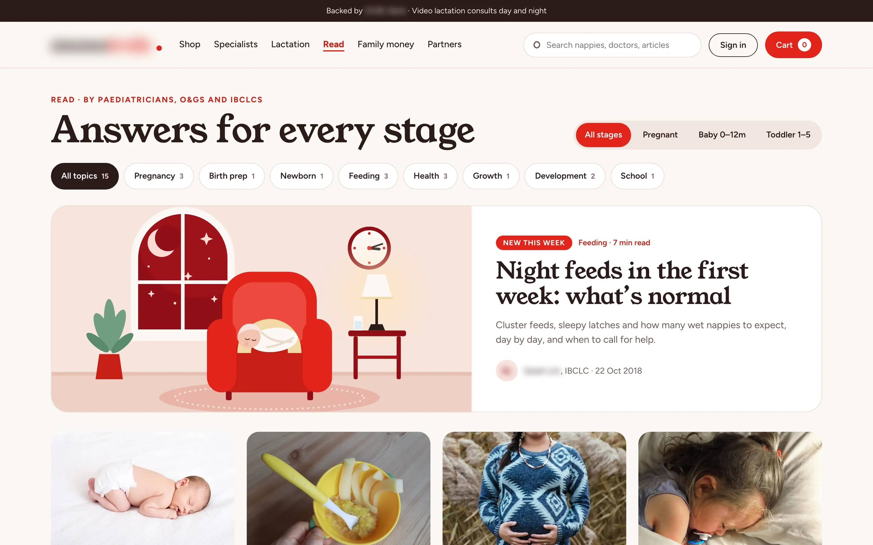 Articles page with stage tabs, topic chips from pregnancy to school with counts, a featured article on night feeds with an illustration, and a grid of articles by paediatricians and O&Gs