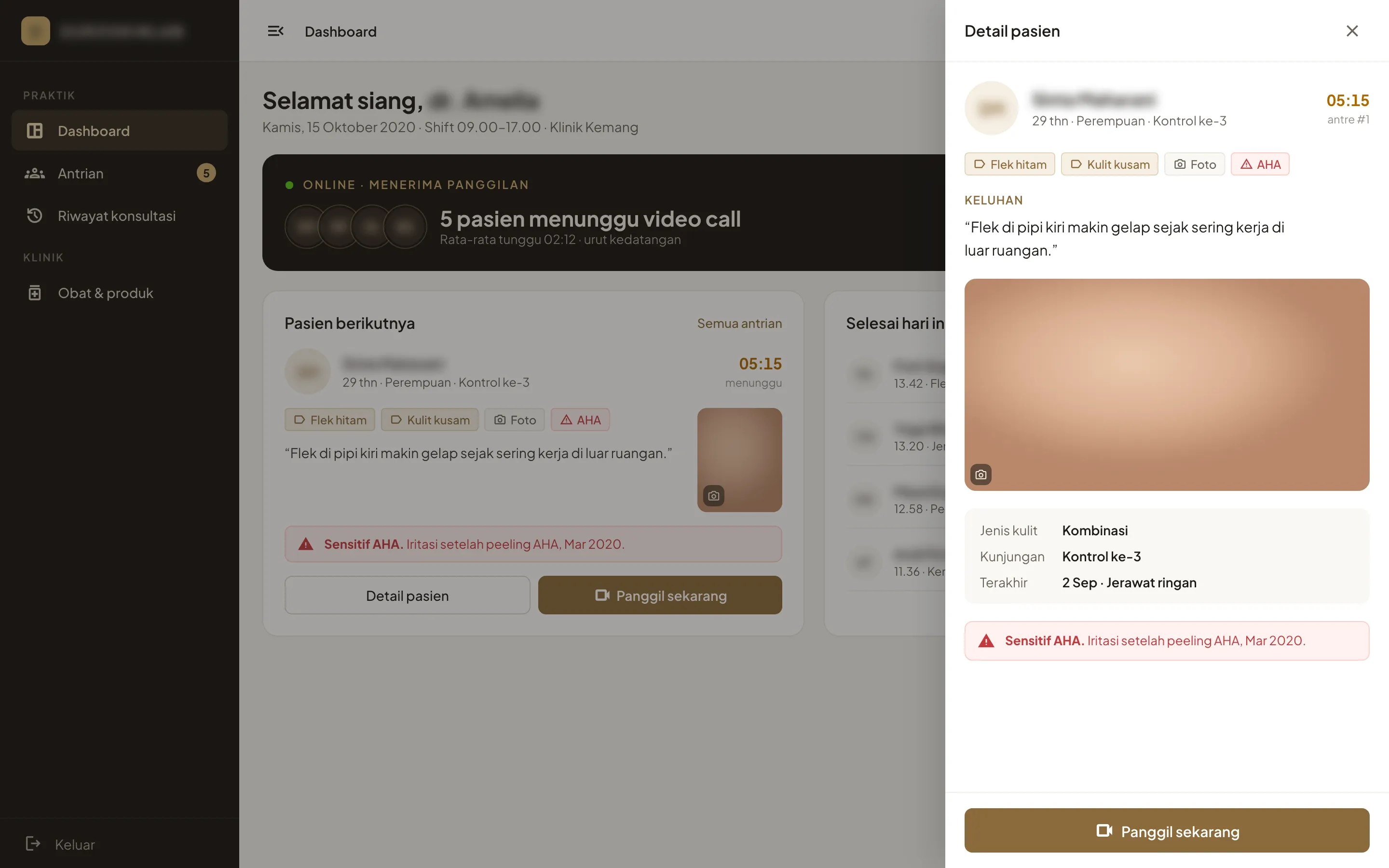 Doctor web dashboard with five patients waiting for a video call, and the patient brief with dark spots and dull skin, the complaint, a blurred skin photo and a warning about a past reaction to an AHA peel