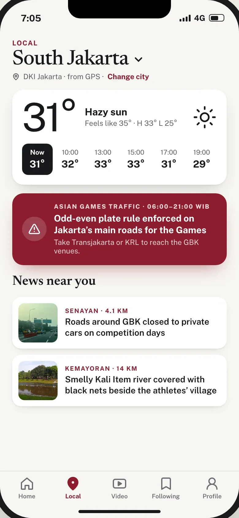 Local tab for South Jakarta with hourly weather, an odd-even plate alert for the Asian Games and two nearby stories with their distance