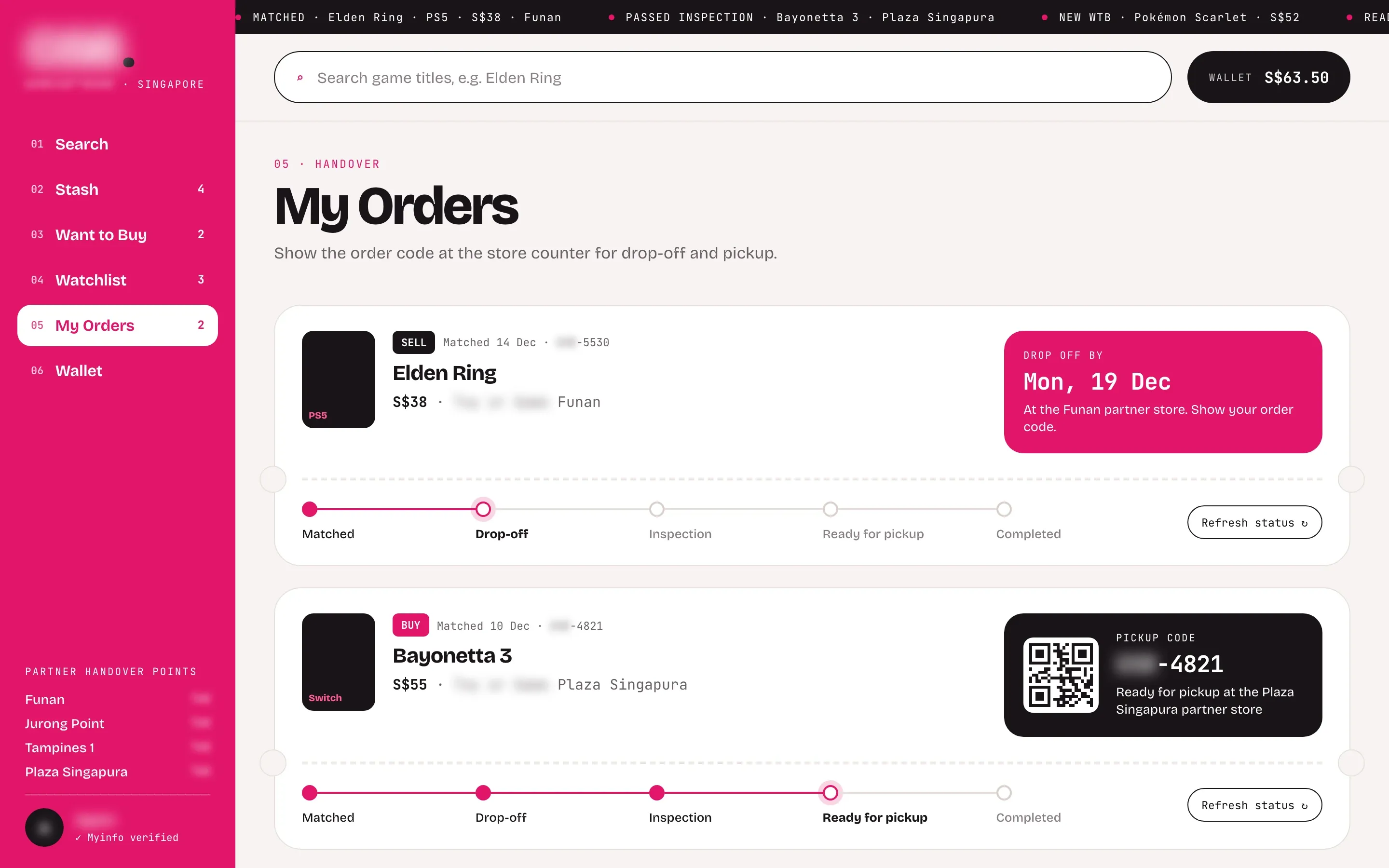My Orders page with a sale awaiting drop-off by Monday 19 December and a purchase ready for pickup with its QR pickup code