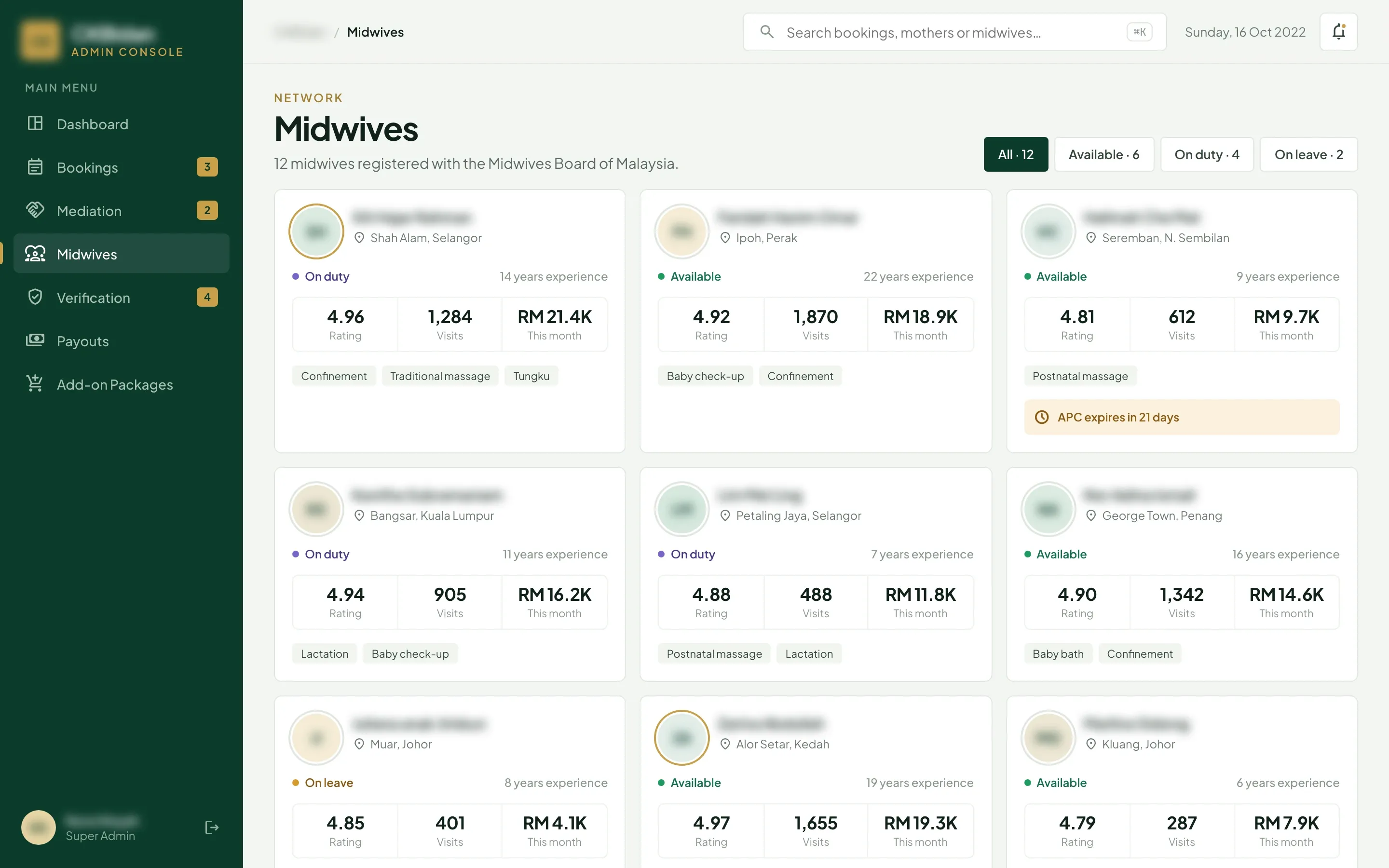 Admin console midwives page with each midwife as a card showing area, status, years of experience, rating, visits, earnings this month and specialties, one flagged for an expiring practising certificate