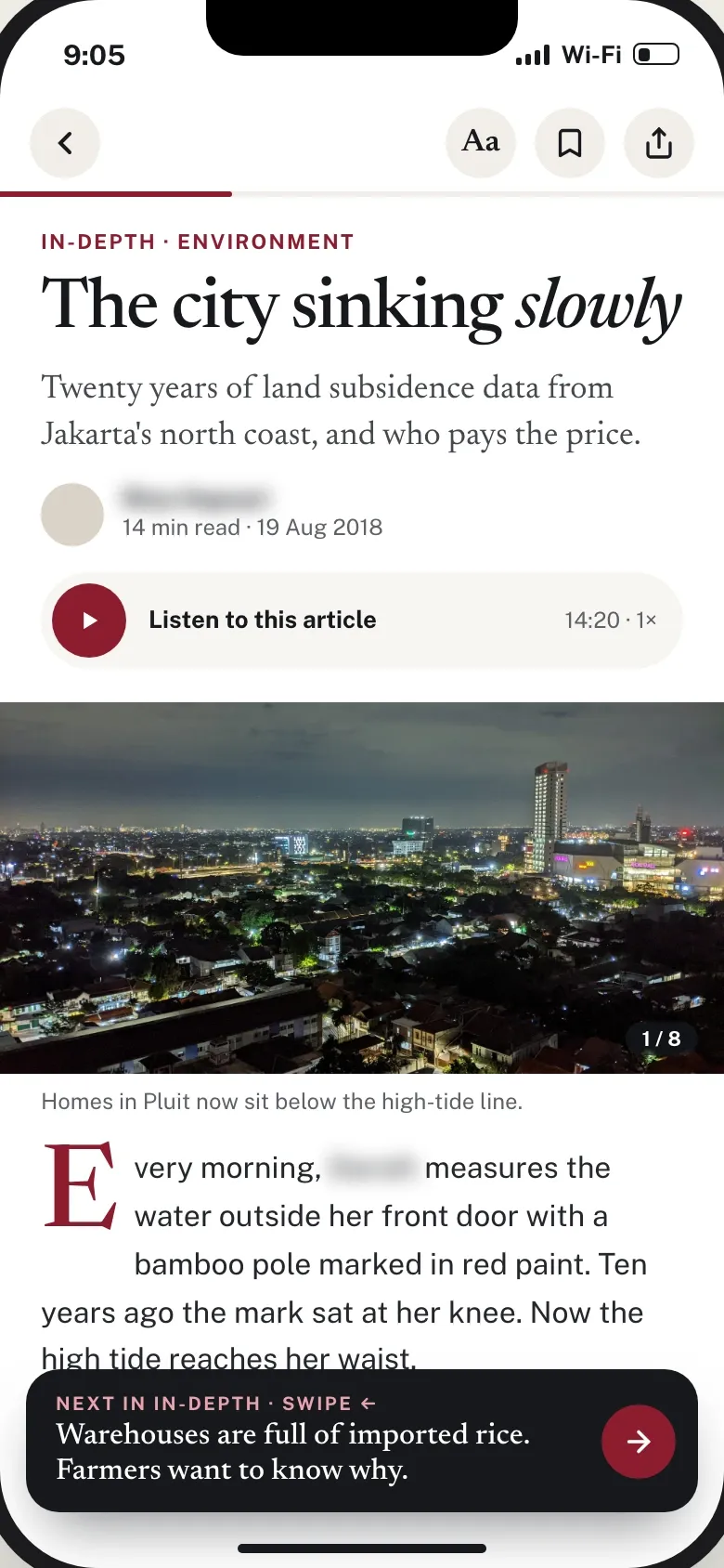 In-Depth article on land subsidence in Jakarta with a reading progress line, text size, bookmark and share buttons, a “Listen to this article” bar running 14 minutes 20 seconds and the next In-Depth story at the bottom