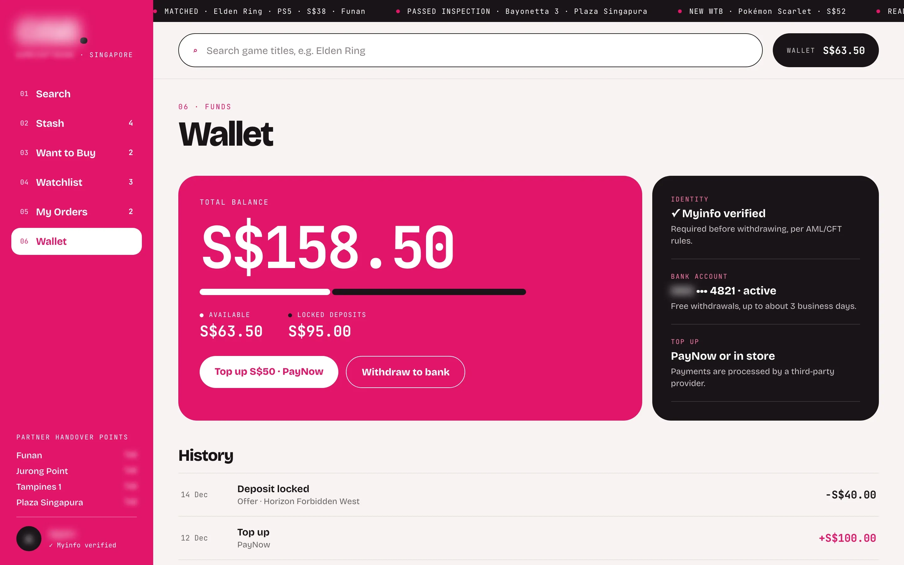 Wallet with the total balance split into available funds and locked deposits, PayNow top-up and withdrawal buttons, Myinfo verification, the bank account and the transaction history
