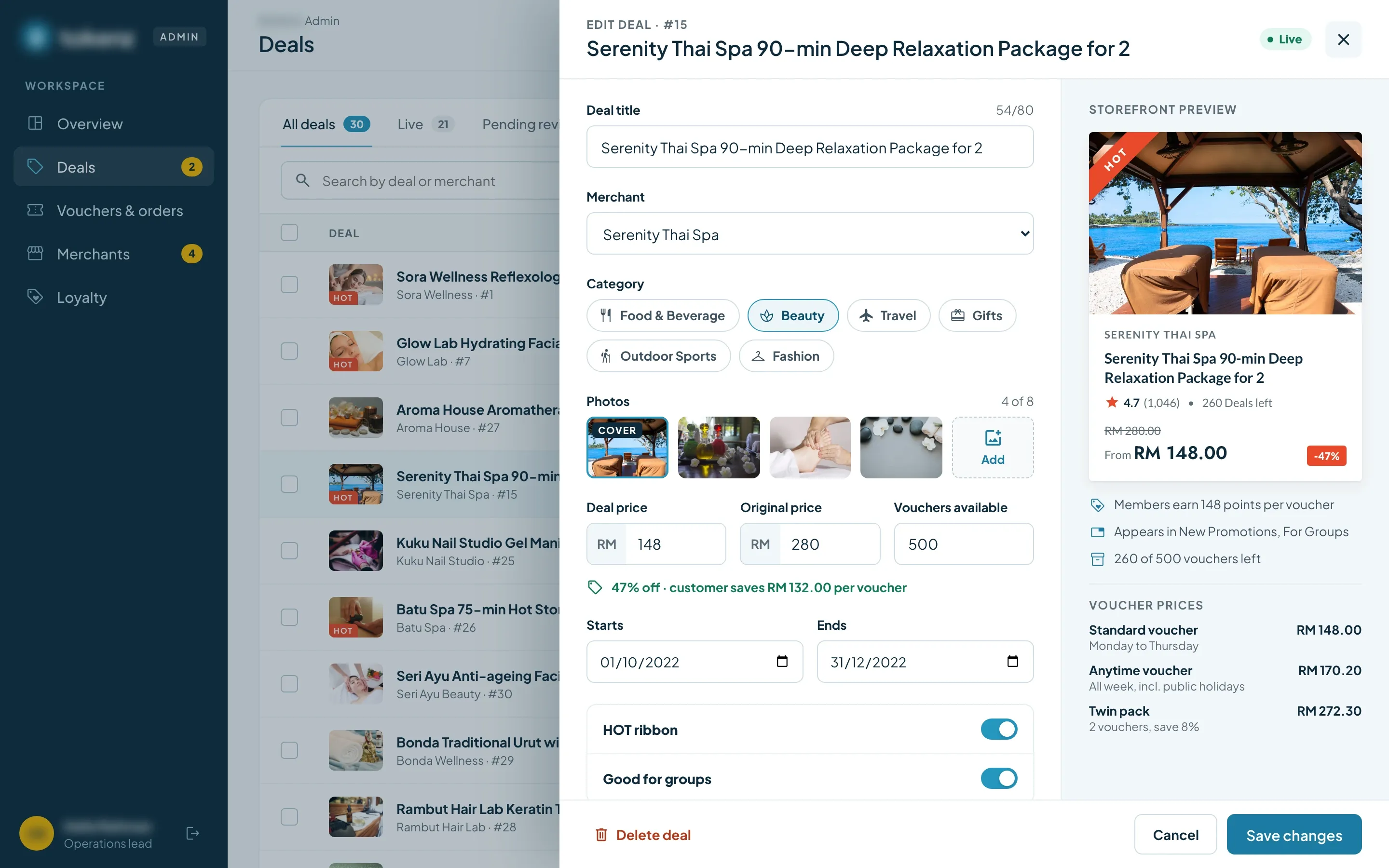 Deals list filtered to beauty with the edit drawer for a Thai spa package: title, merchant, category, four photos, price, original price, vouchers available and dates beside its storefront card and three voucher prices