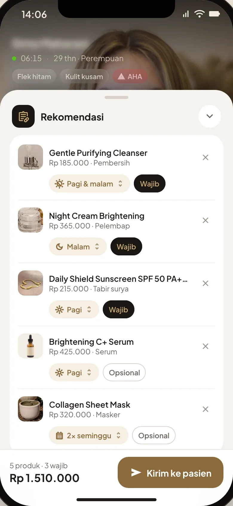 Doctor app recommendation sheet over the video call with five products for dark spots, three mandatory and two optional, each with when to use it, and a button to send Rp 1,510,000 of products to the patient