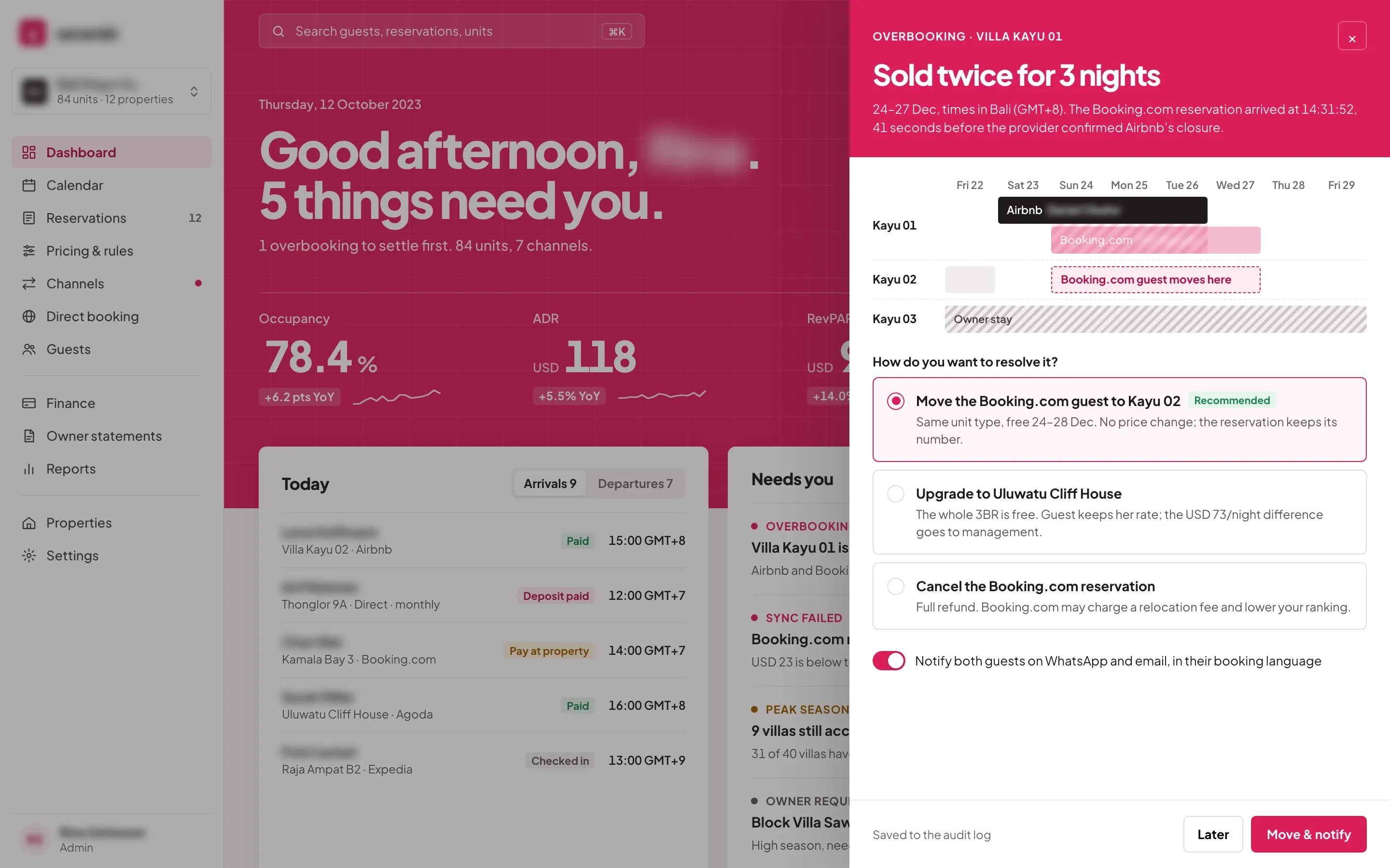 Overbooking drawer for a villa sold twice for three nights, with the Airbnb and Booking.com bookings over the unit’s calendar, the options to move the guest to a free unit of the same type, upgrade or cancel, and a switch to tell both guests on WhatsApp and email