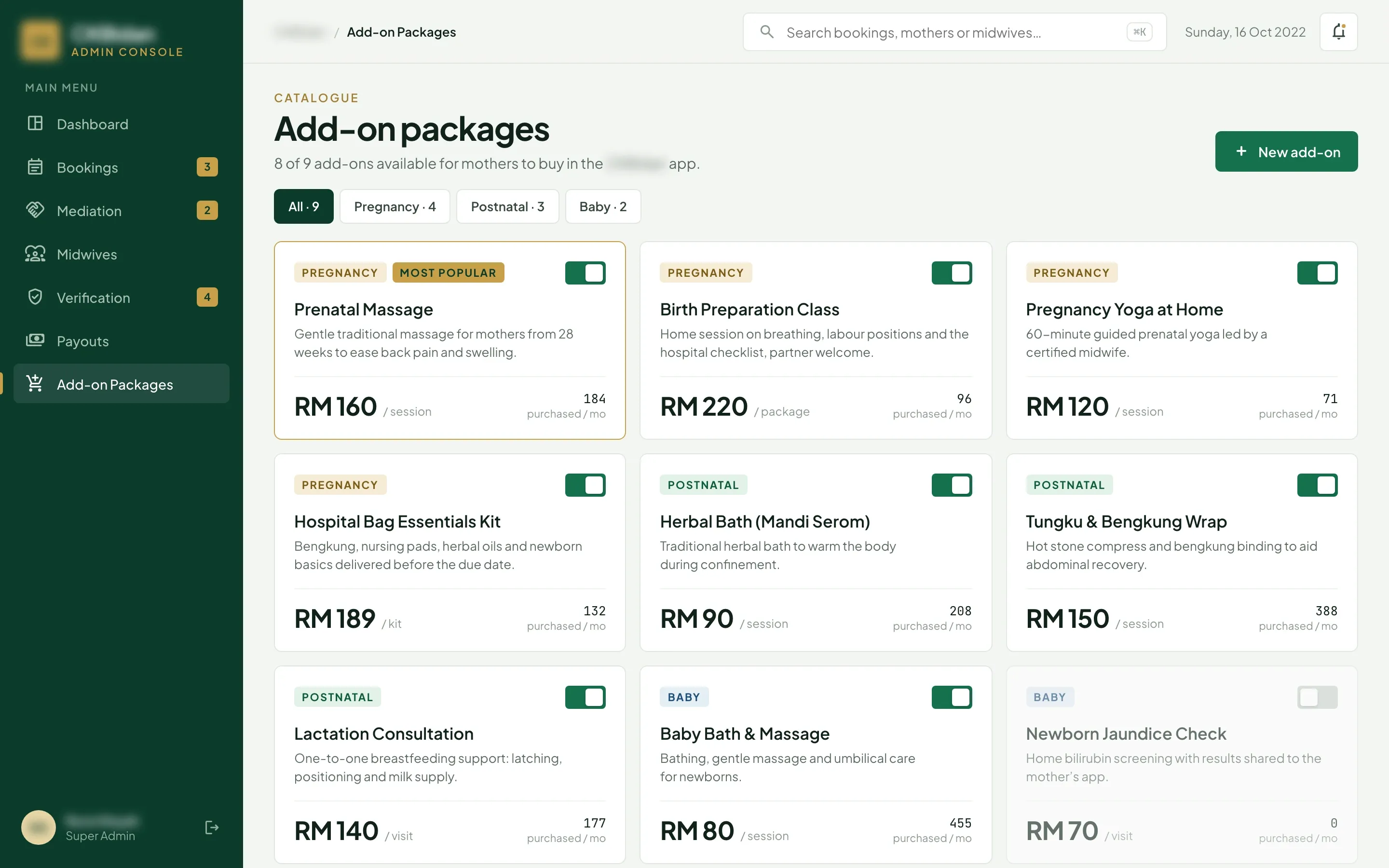 Admin console add-on packages page with nine add-ons in three groups, each card with a price, a unit, monthly purchases and an on or off switch