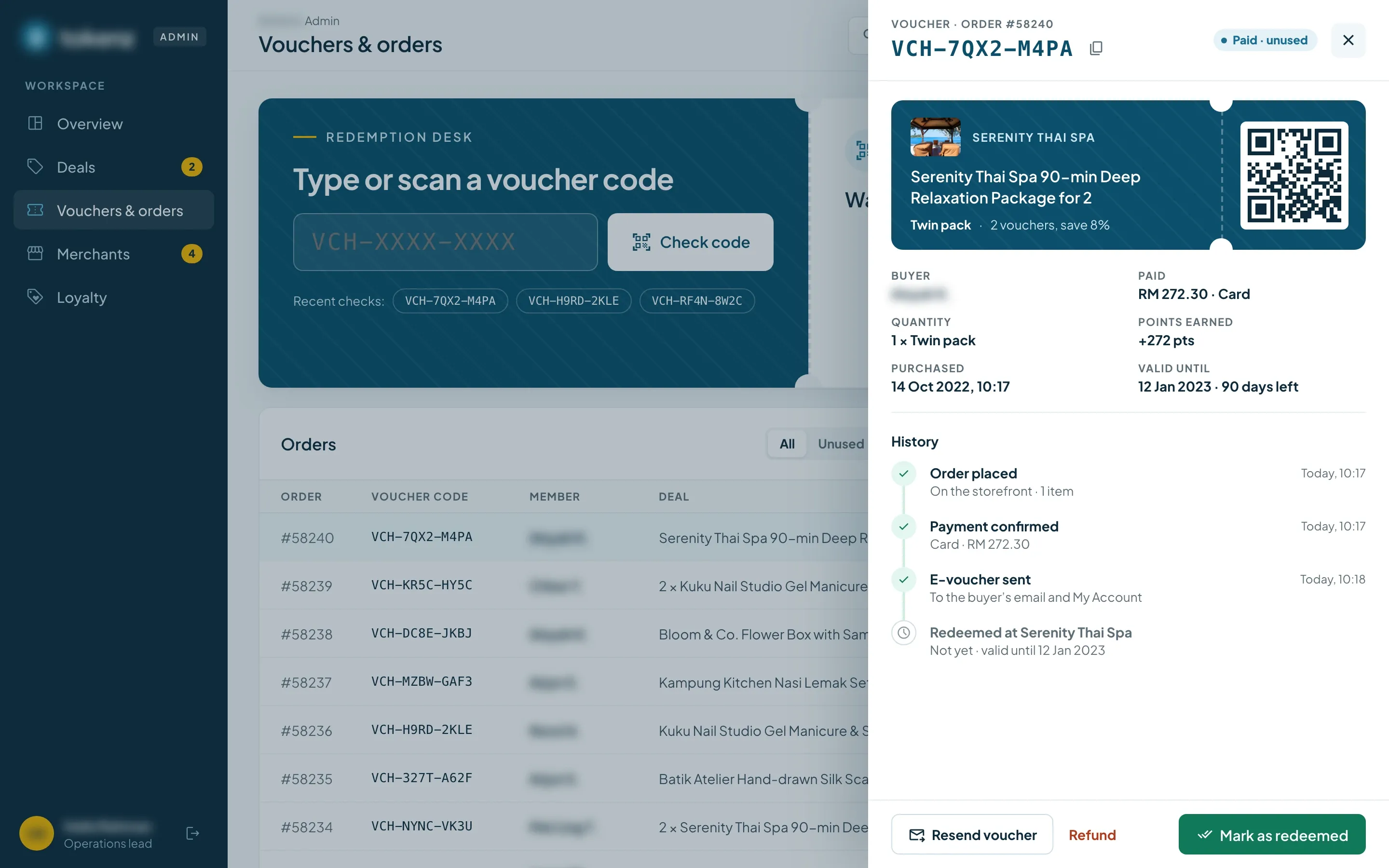 Vouchers and orders page with the redemption desk, the order list and a drawer for one voucher with its QR, the twin pack bought, the payment, its validity and its history from order to redemption