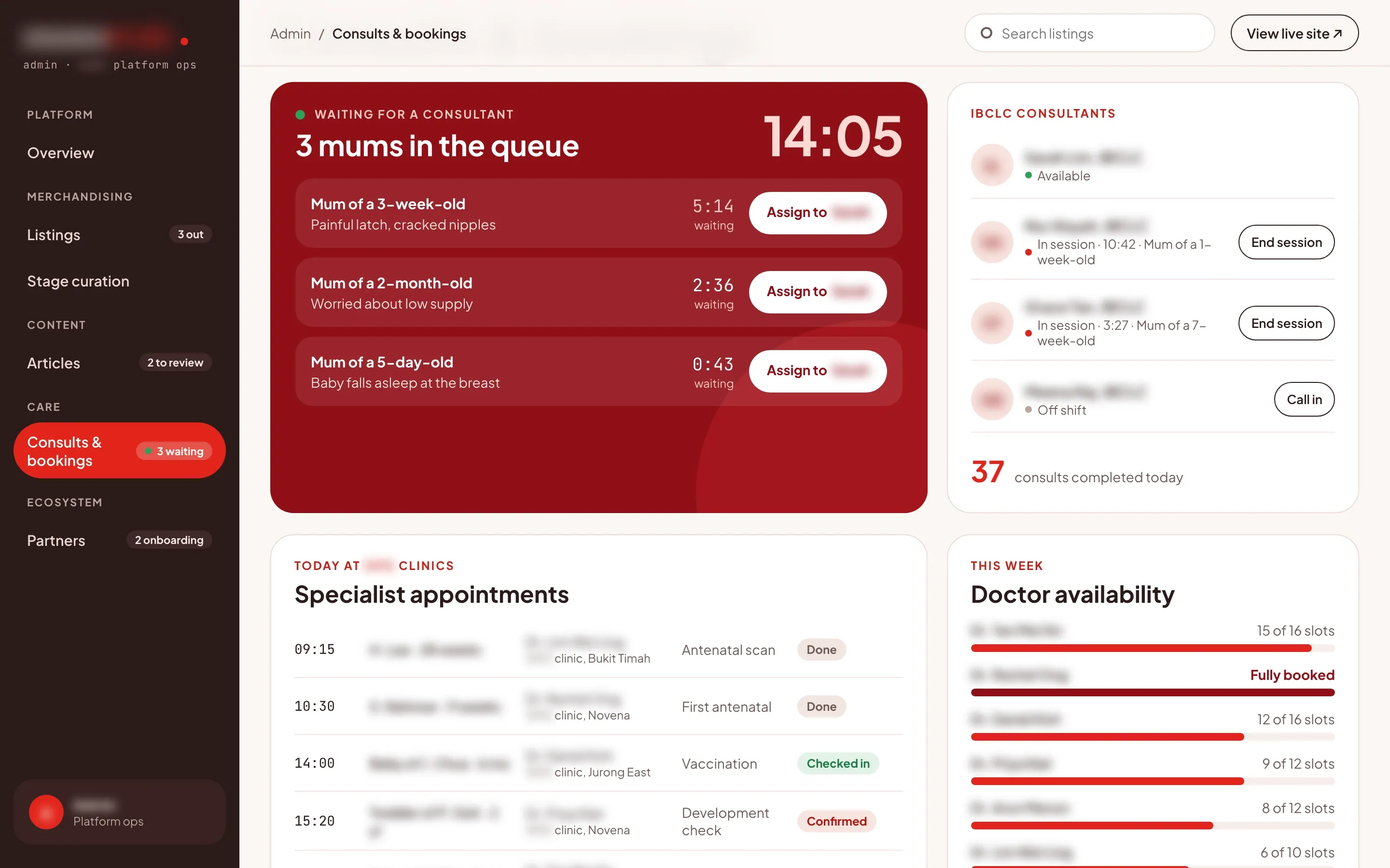 Ops console page for consults and bookings with three mums in the lactation queue and their wait times, IBCLC consultants available, in session or off shift, today’s specialist appointments at the partner clinics with their status, and each doctor’s booked slots this week