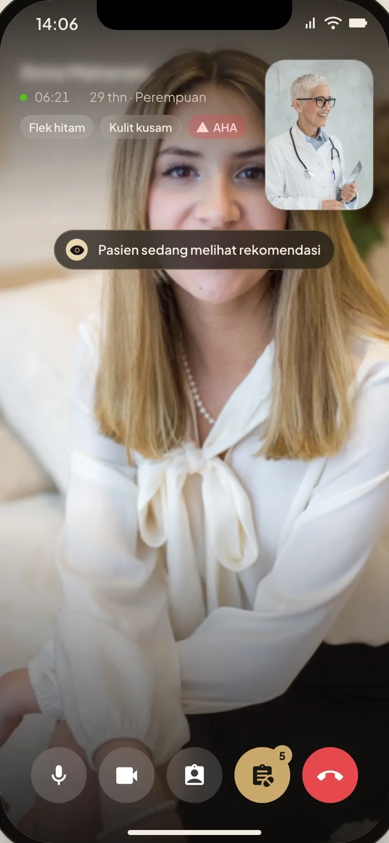 Doctor app during the video call with a status line saying the patient is viewing the recommendation