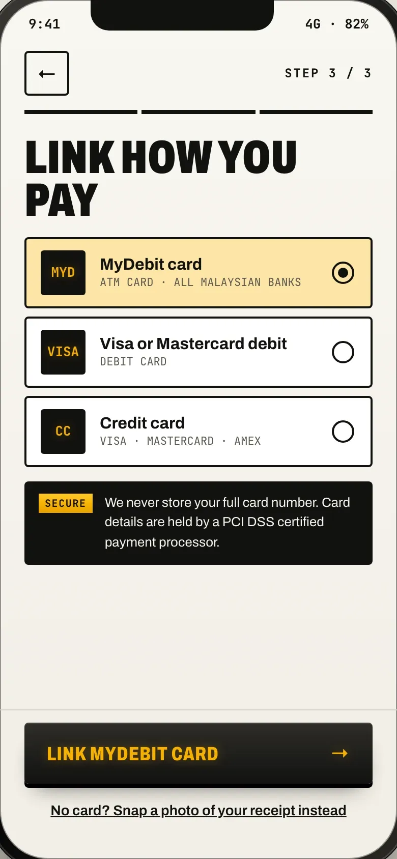 Last sign-up step, link how you pay, with MyDebit, debit and credit card options, a note that a certified payment processor holds the card details, and a link to send a receipt photo instead