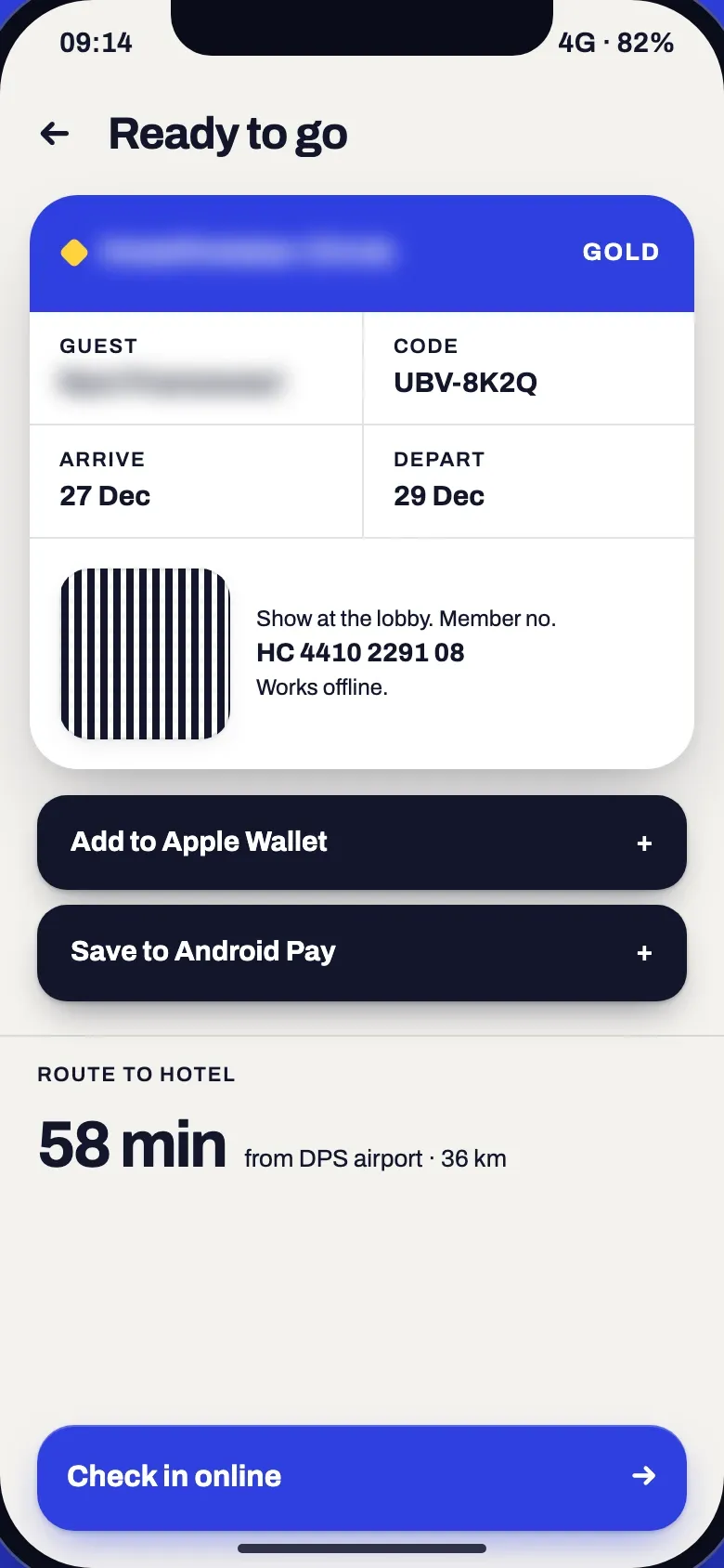 Wallet pass with the Gold tier, booking code, arrival and departure dates and member number, Apple Wallet and Android Pay buttons, a 58-minute route from DPS airport and a check in online button