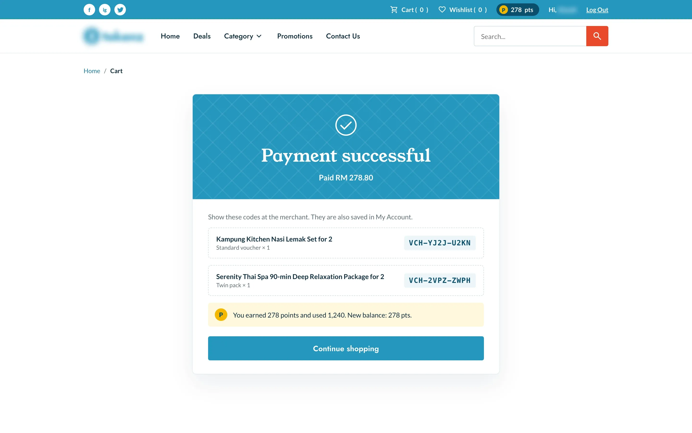 Payment successful page with the amount paid, a voucher code for each of the two deals bought, and the points earned and used with the new balance