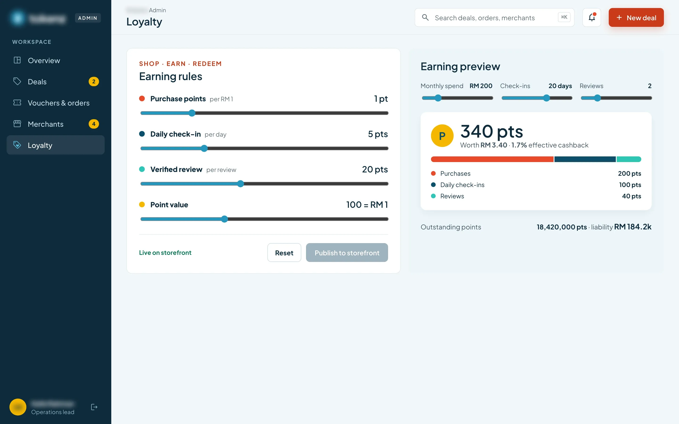 Admin loyalty page with sliders for purchase, daily check-in and verified review points and the point value, an earning preview with its effective cashback, and outstanding points shown as a liability