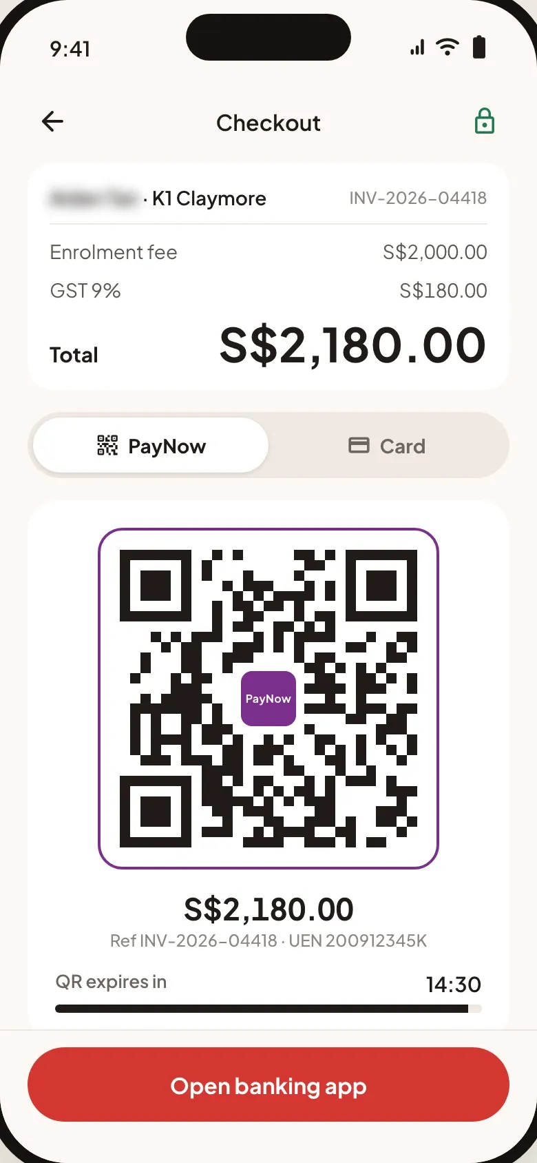 Parent Portal checkout for a K1 enrolment fee with 9% GST, a total of S$2,180 and a PayNow QR that carries the invoice number, with card as the other tab